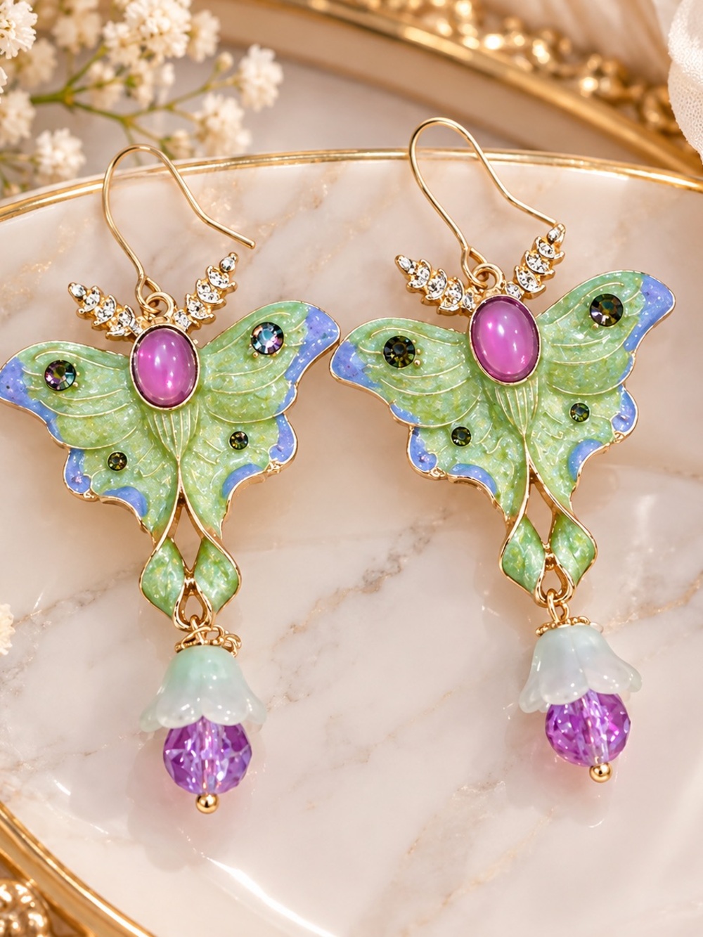 Butterfly Drop Earrings with Pink & Green Enamel Accents